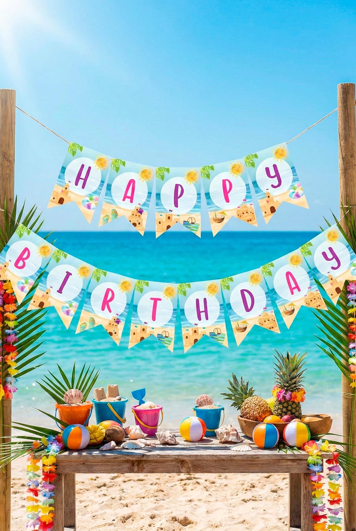 Summer Birthday Banner Editable Template, Beach Party, Instant Download