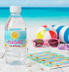 Beach Birthday Party Water Bottle Label Editable Template, Sand Castle Party Decorations, Instant Download