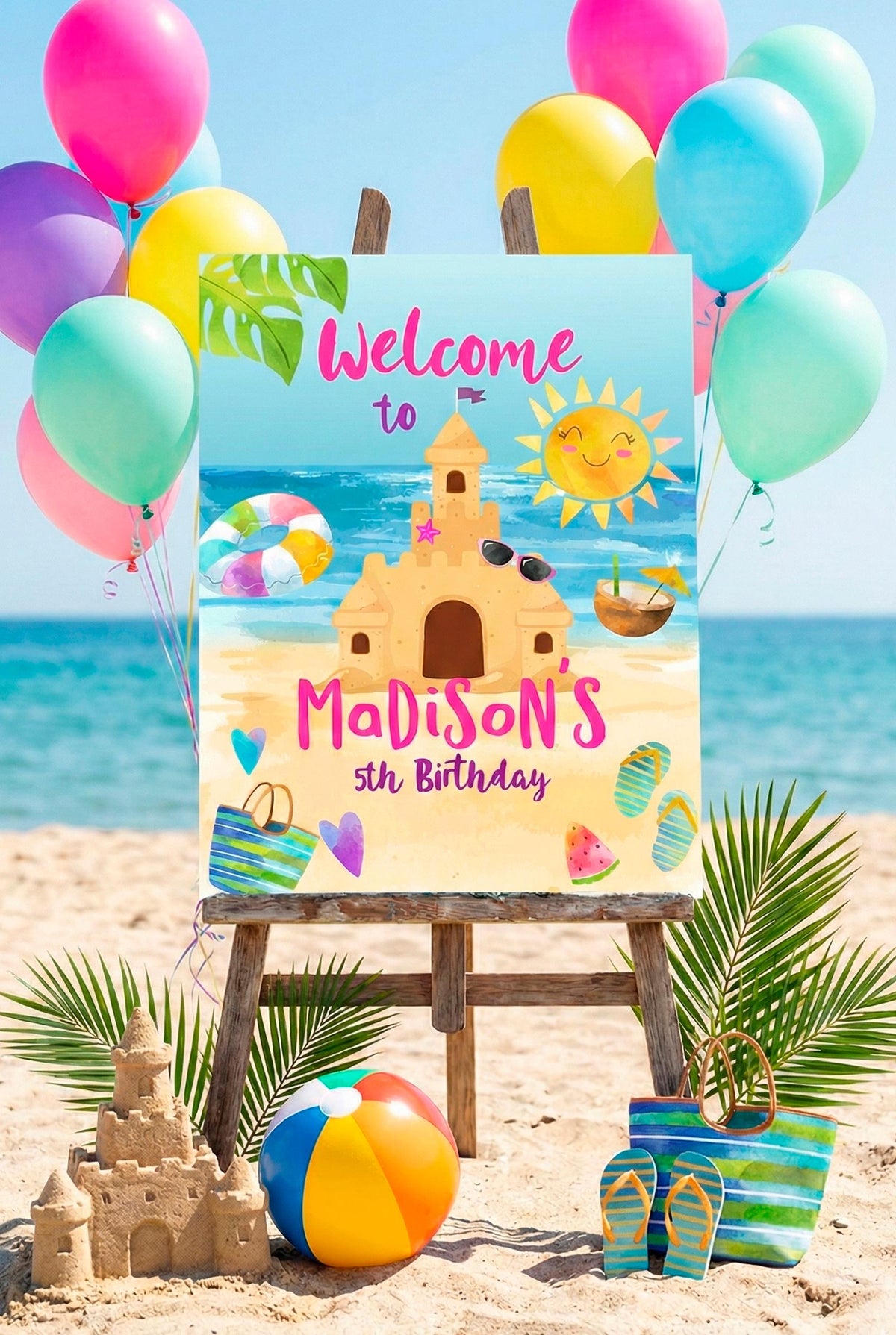 Beach Birthday Party Welcome Sign Editable Template, Sand Castle Party Printables, Instant Download