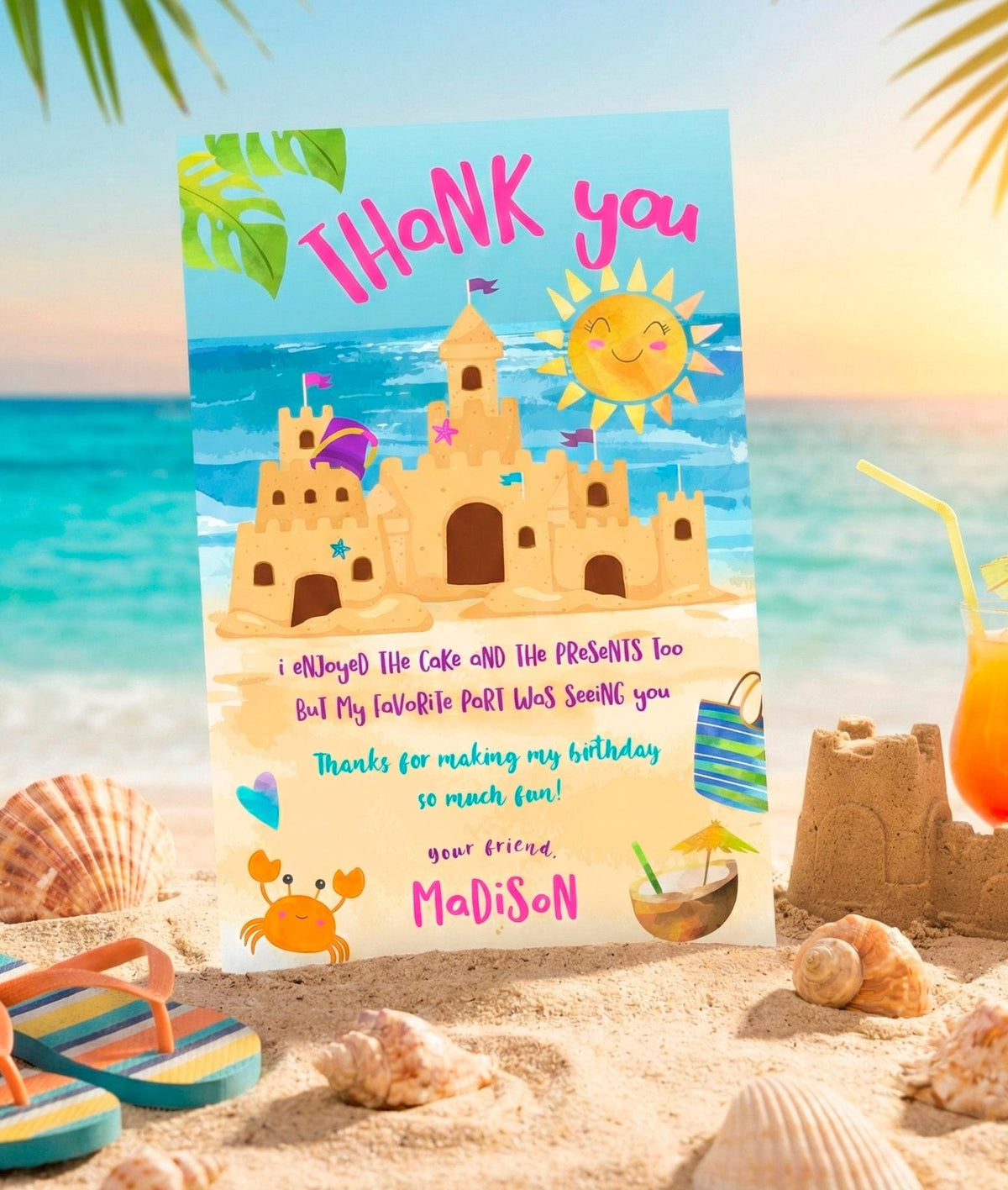 Beach Birthday Party Thank You Card Editable Template, Sand Castle Theme, Instant Download