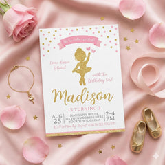 Ballerina Birthday Party Invitation Editable Template, Pink and Gold Theme, Instant Downlod