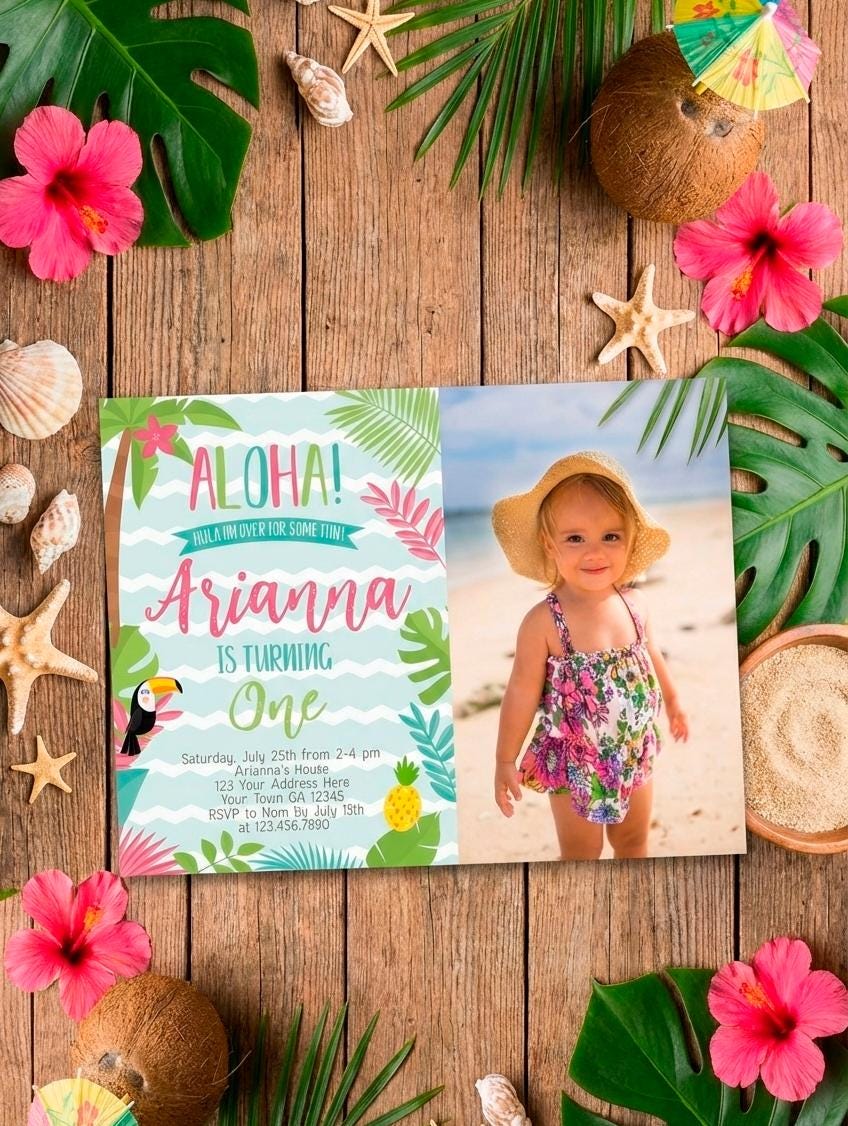 Luau Birthday Party Invitation with Photo, Instant Download