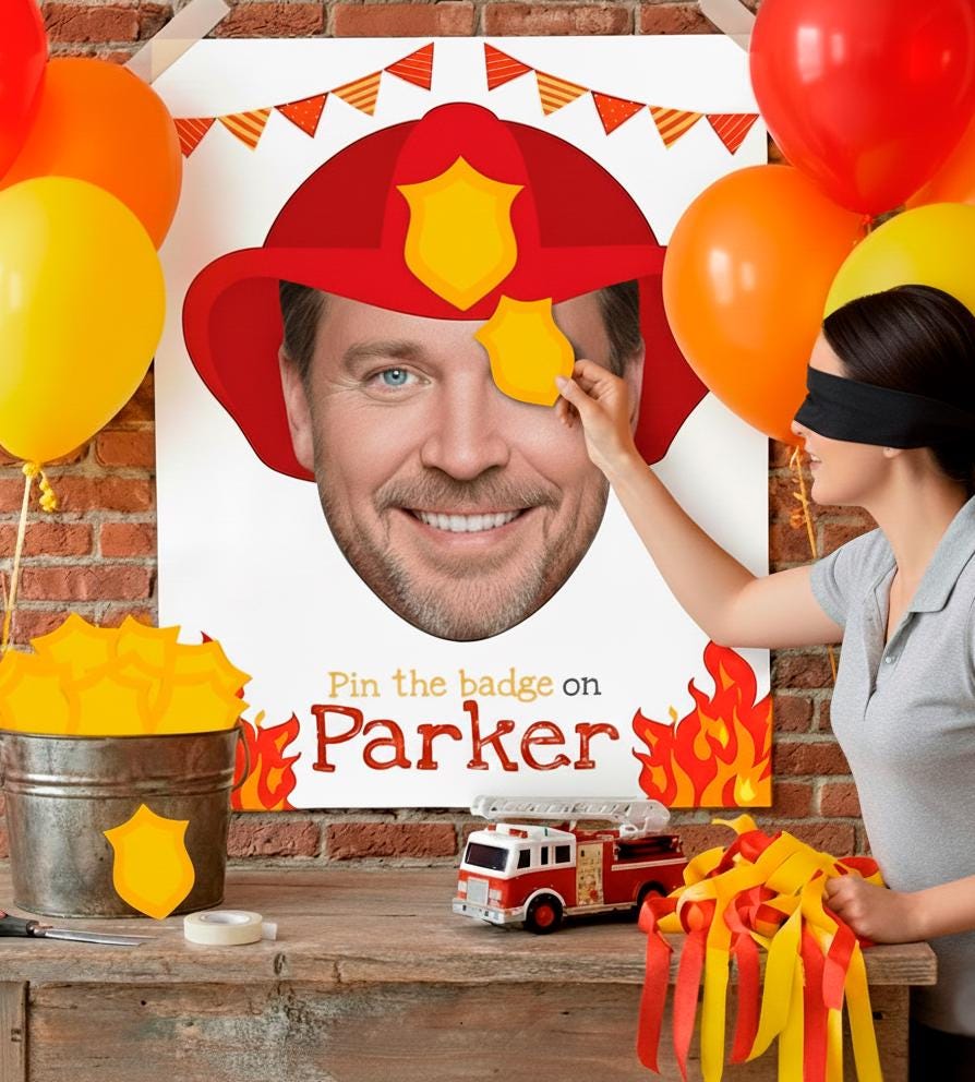 Firefaghter Party, Pin the Badge Printable Game, Personalized with your Photo, Any Age