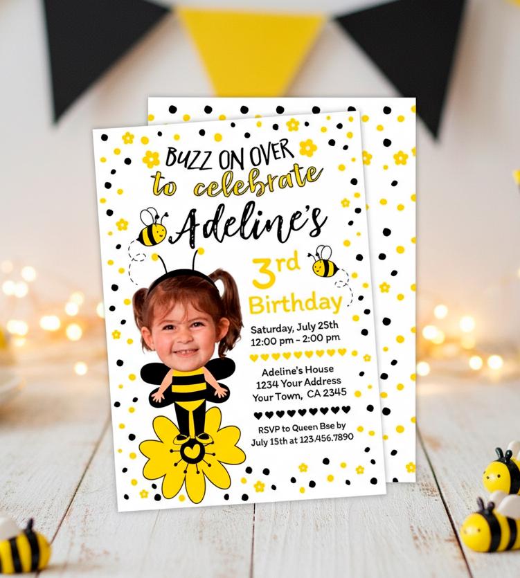 Bee Birthday Party Invitation Personalized with your Photo and Details (Digital or Printable)