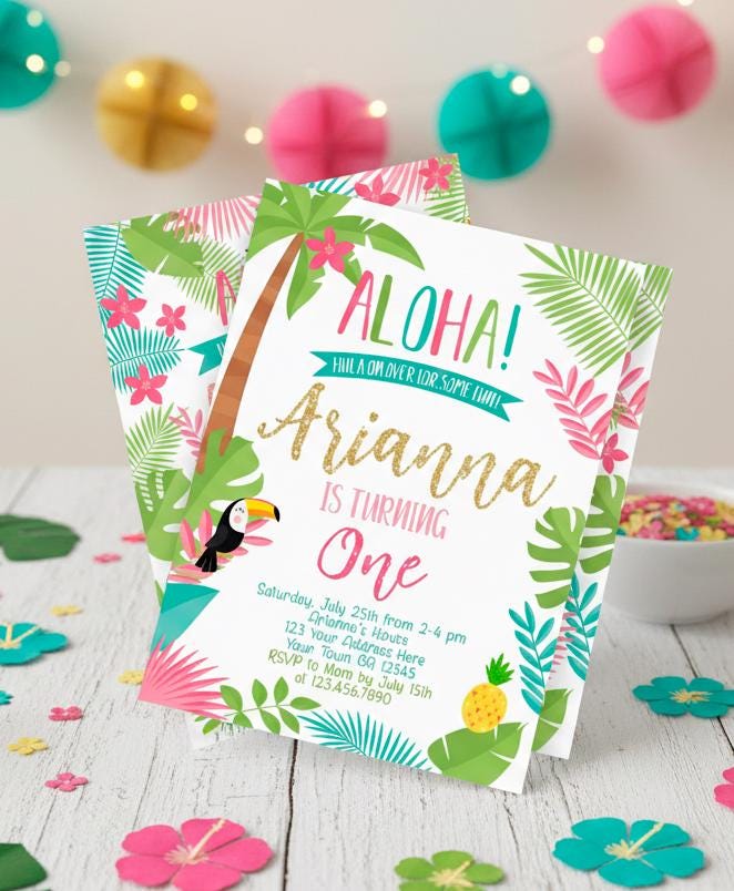 Editable 1st Birthday Luau Party Invitation Editable Template, Hawaiian Tropical Theme (Instant Download)