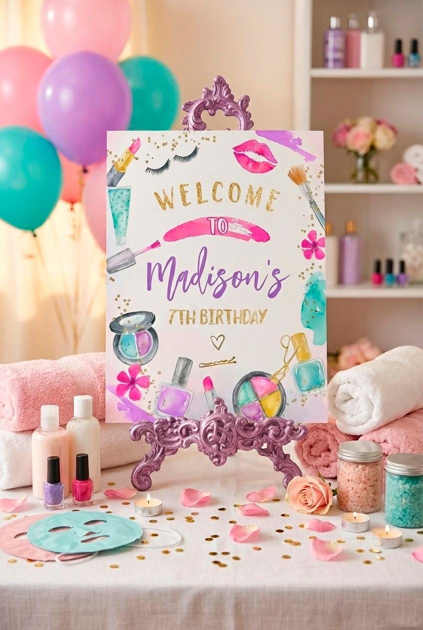 Spa Party Welcome Sign Editable Template, Glitz & Glam Makeup Slumber Party Decorations, Instant Download