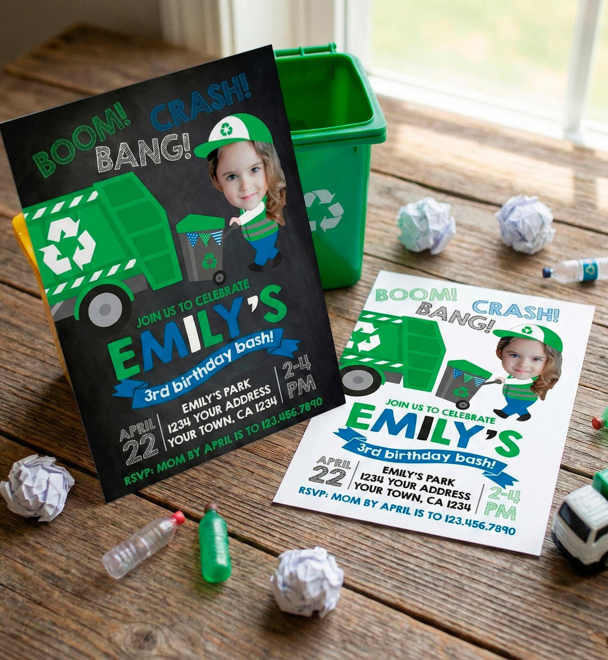 Garbage Truck Personalized Birthday Invitation with Photo, Digital or Printable Design