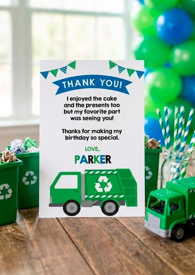 Trash Truck Thank You Cards, Recycle Birthday (EDITABLE, INSTANT DOWNLOAD)