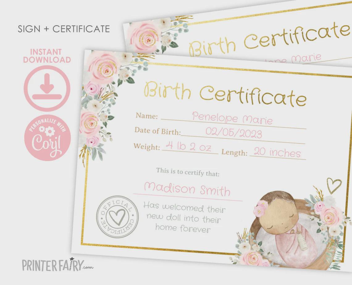 Reborn Accesories Birth Certificate, Care Sheet, Doll Health Check Editable Customizable Templates, Instant Download