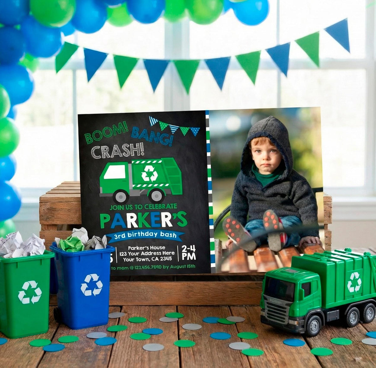 Trash Truck Birthday Invitation with photo Editable Template, Instant Download