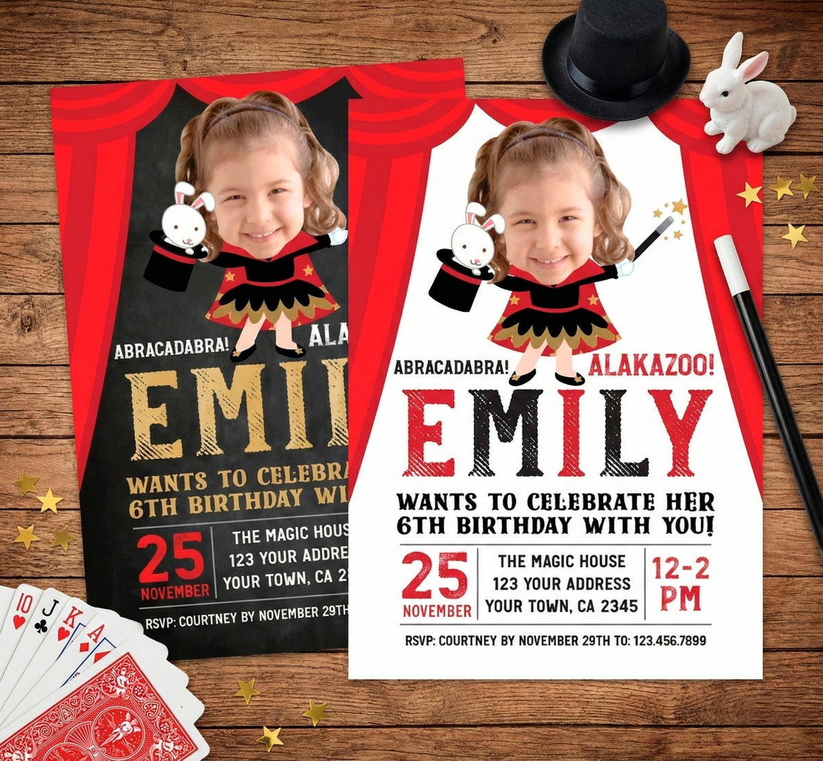 Magic Show Girl Birthday Invitation with Photo, Personalized Digital or Printable Design
