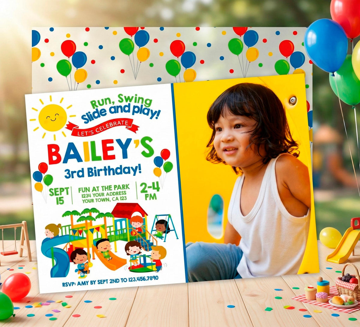 Park Invitation with Photo Editable Template, Simple Primary Colors Birthday, Instant Download