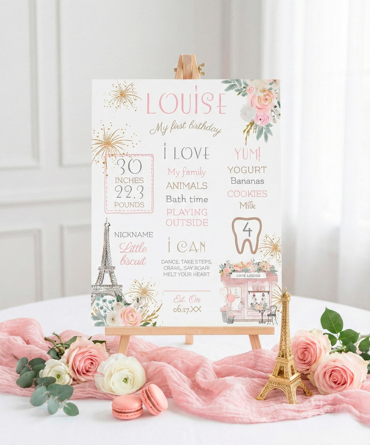 Paris 1st Birthday Milestones Board Editable Template, Instant Download