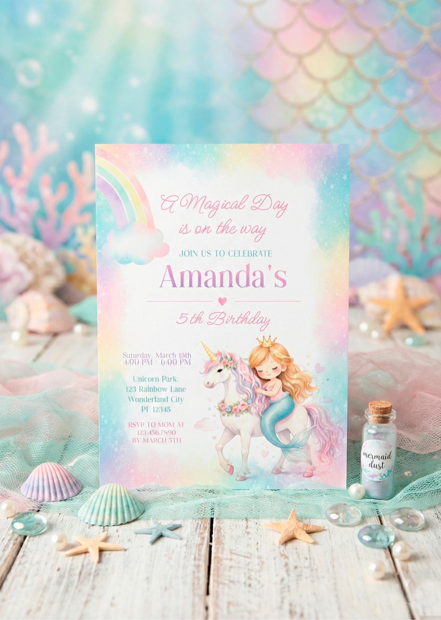 Unicorn and Mermaid Birthday Party Invitation for Any Age, Editable Template, Instant Download