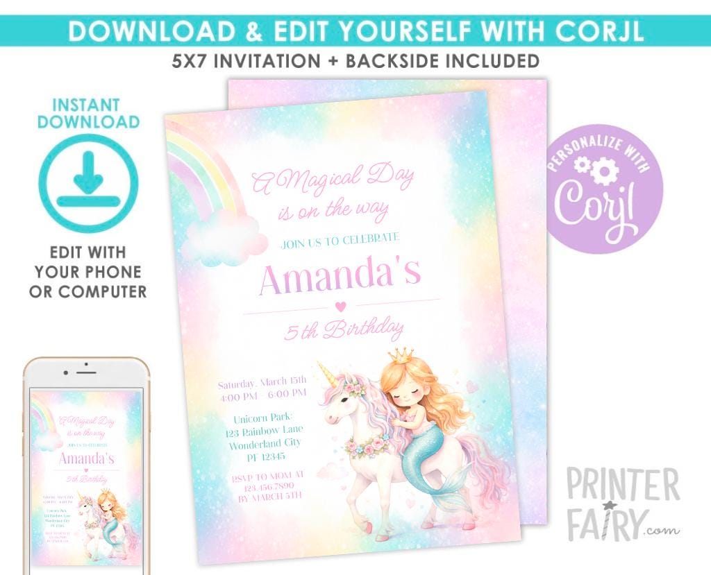 Unicorn and Mermaid Birthday Party Invitation for Any Age, Editable Template, Instant Download