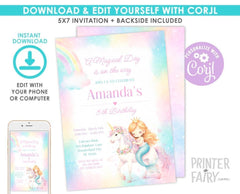 Unicorn and Mermaid Birthday Party Invitation for Any Age, Editable Template, Instant Download