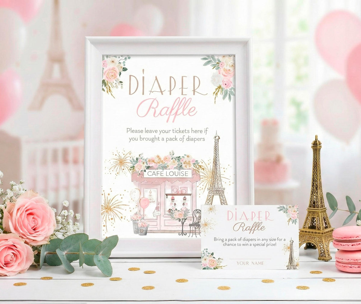Paris Baby Shower Diaper Raffle Sign and Card Editable Templates, Instant Download