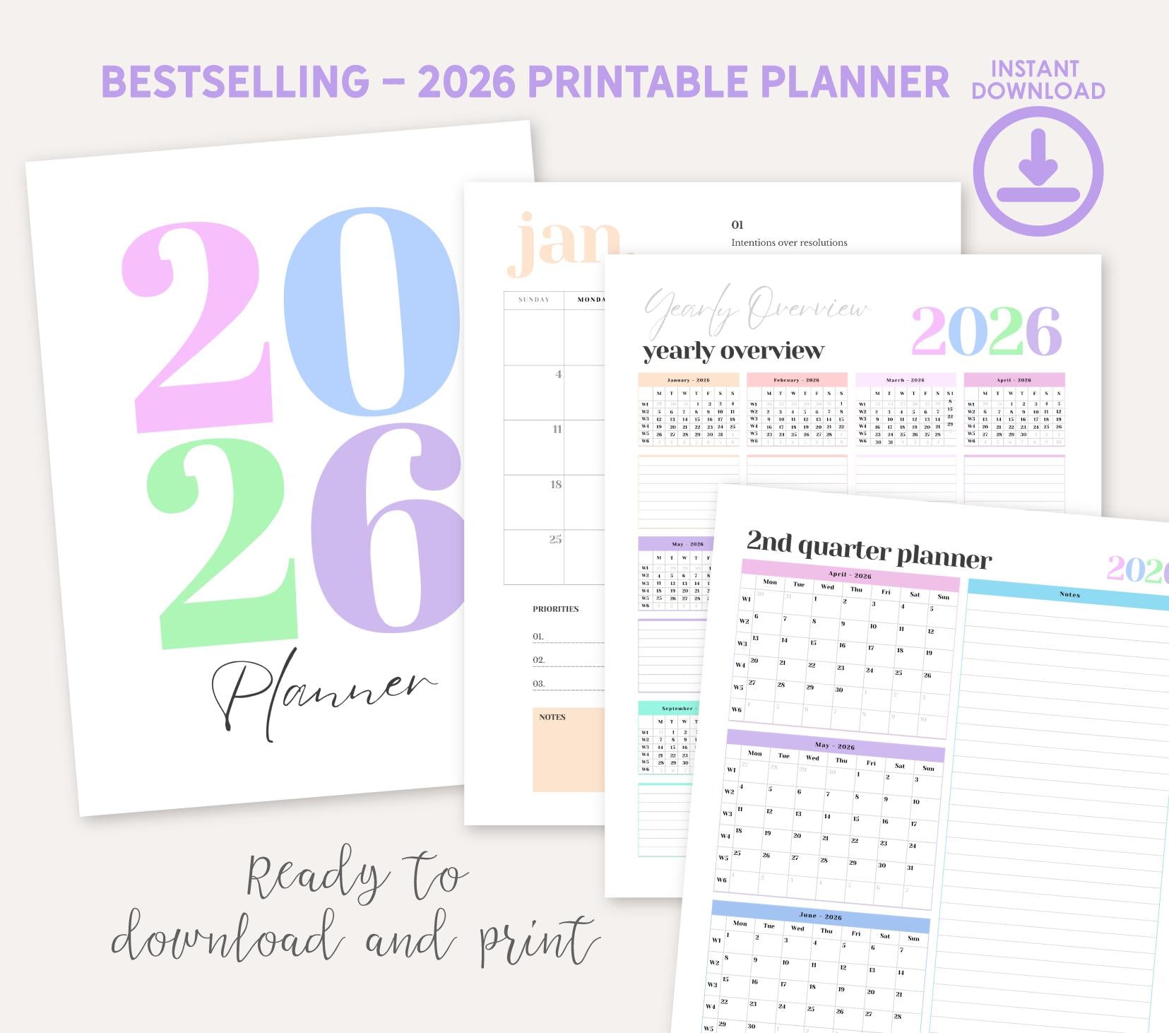 2026 Printable Planner, Monthly Weekly Planning, Minimal Aesthetic Planner PDF | Calendar, Reviews, Task Lists, Instant Download