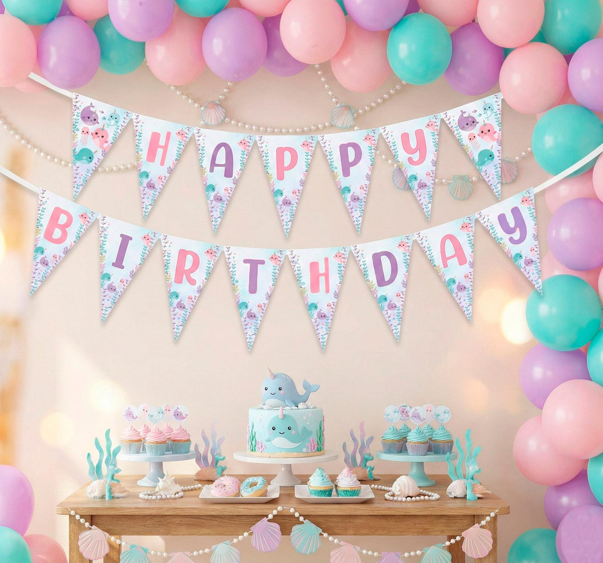 Editable Narwhal Birthday Banner, Under the Sea Bunting (Instant Download)