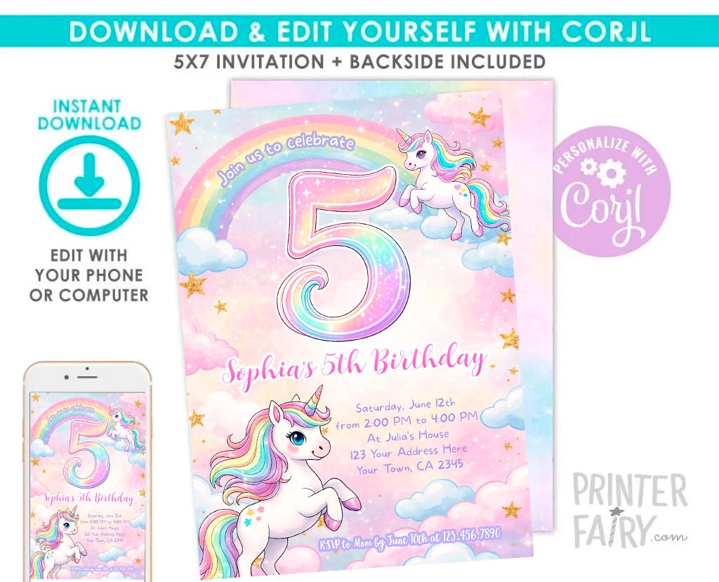 Unicorn 5th Birthday Party Invitation Editable Template, Instant Download