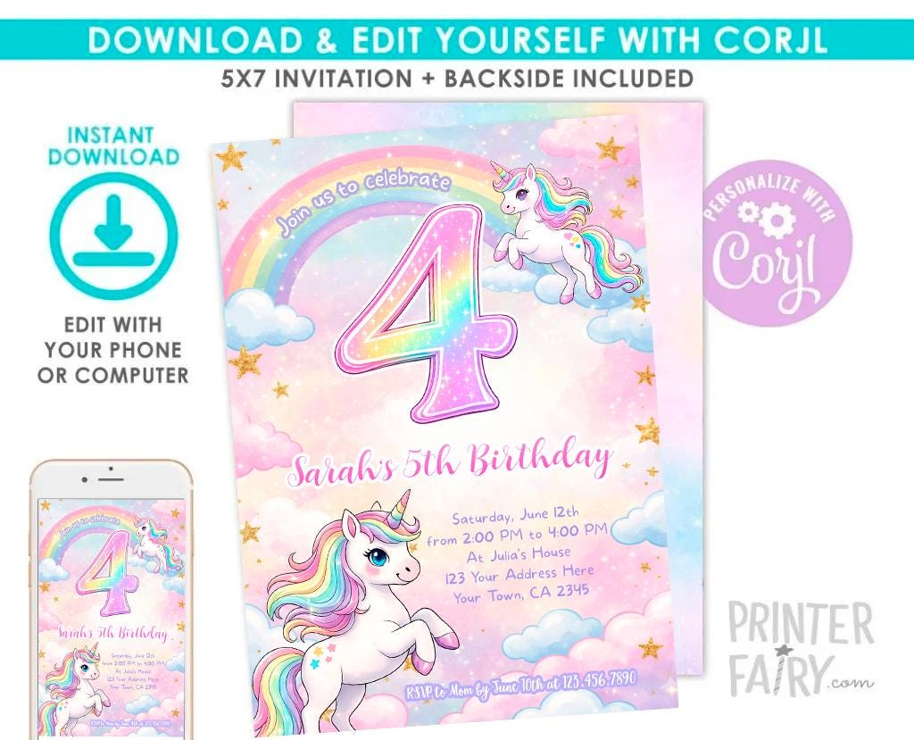 Unicorn 4th Birthday Party Invitation Editable Template, Instant Download