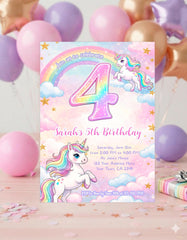 Unicorn 4th Birthday Party Invitation Editable Template, Instant Download