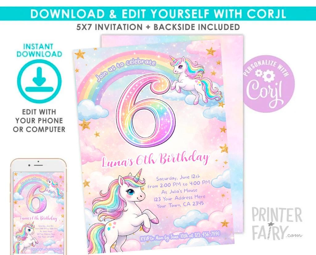 Unicorn 6th Birthday Party Invitation Editable Template, Instant Download