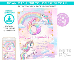 Unicorn 6th Birthday Party Invitation Editable Template, Instant Download