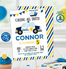 Police Car Birthday Party Invitation Editable Template, Instant Download