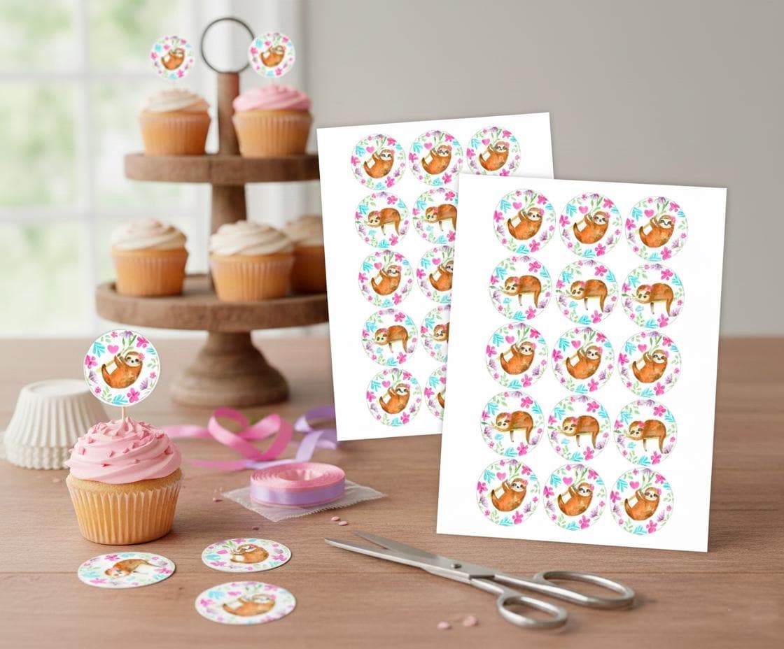 Sloth Birthday Party Toppers, Round Labels or Stickers (Digital files), Instant Download