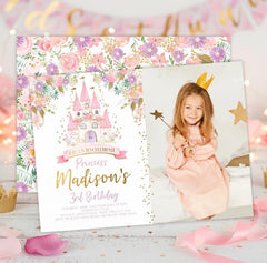 Princess Birthday Invitation Editable Template to personalize with Photo, Instant Download