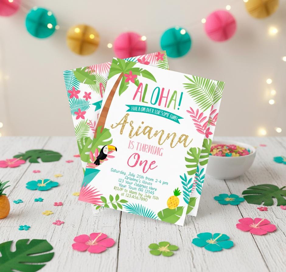 Editable 1st Birthday Luau Party Invitation Editable Template, Hawaiian Tropical Theme (Instant Download)