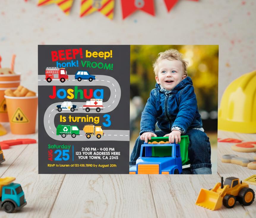 Construction Birthday Invitation, Cars Party, Boy Editable Template (Digital Download)