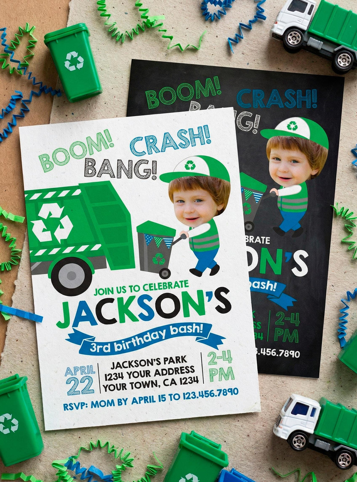 Trash Truck Personalized Birthday Invitation with Photo, Garbage Digital or Printable Invite Design
