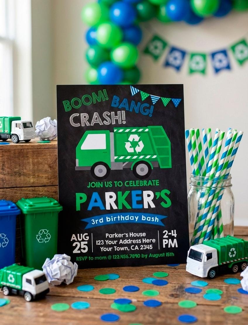Editable Trash Truck Invitation Template, Garbage Truck Party, Instant Download