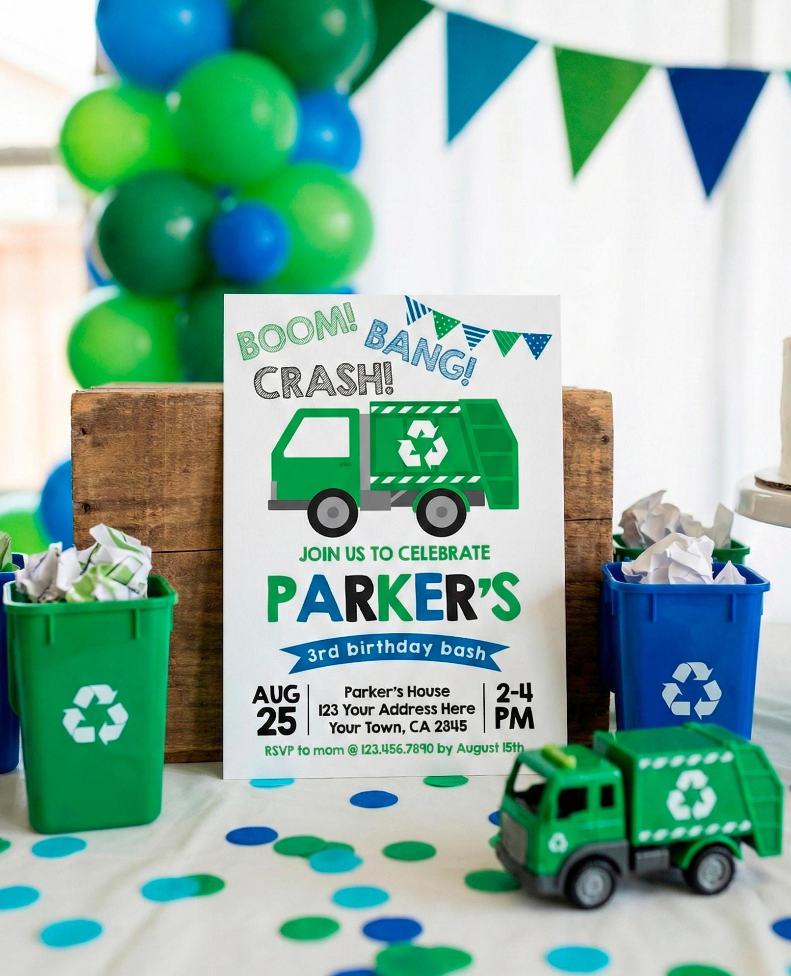 Trash Truck Birthday Invitation Editable Template, Recycle Party (INSTANT DOWNLOAD)