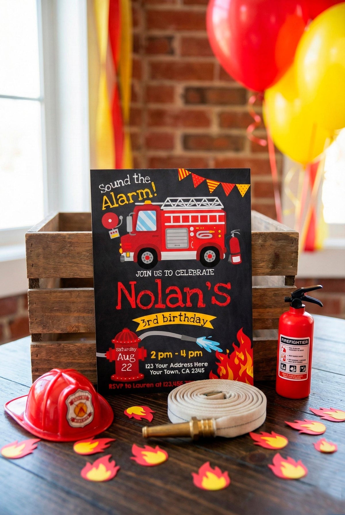 Firefighter Birthday Invitation, Firetruck Party (Editable, Instant Download)