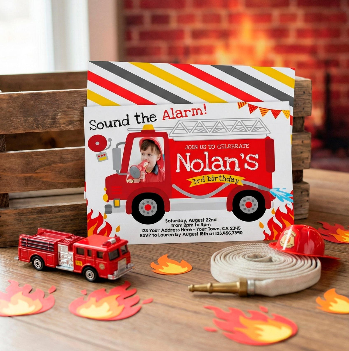 Firetruck Birthday Invitation with Photo Editable Template (Instant Download)