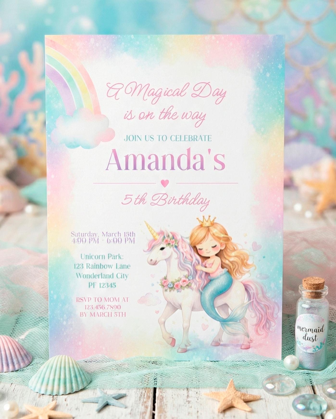 Unicorn and Mermaid Birthday Party Invitation for Any Age, Editable Template, Instant Download