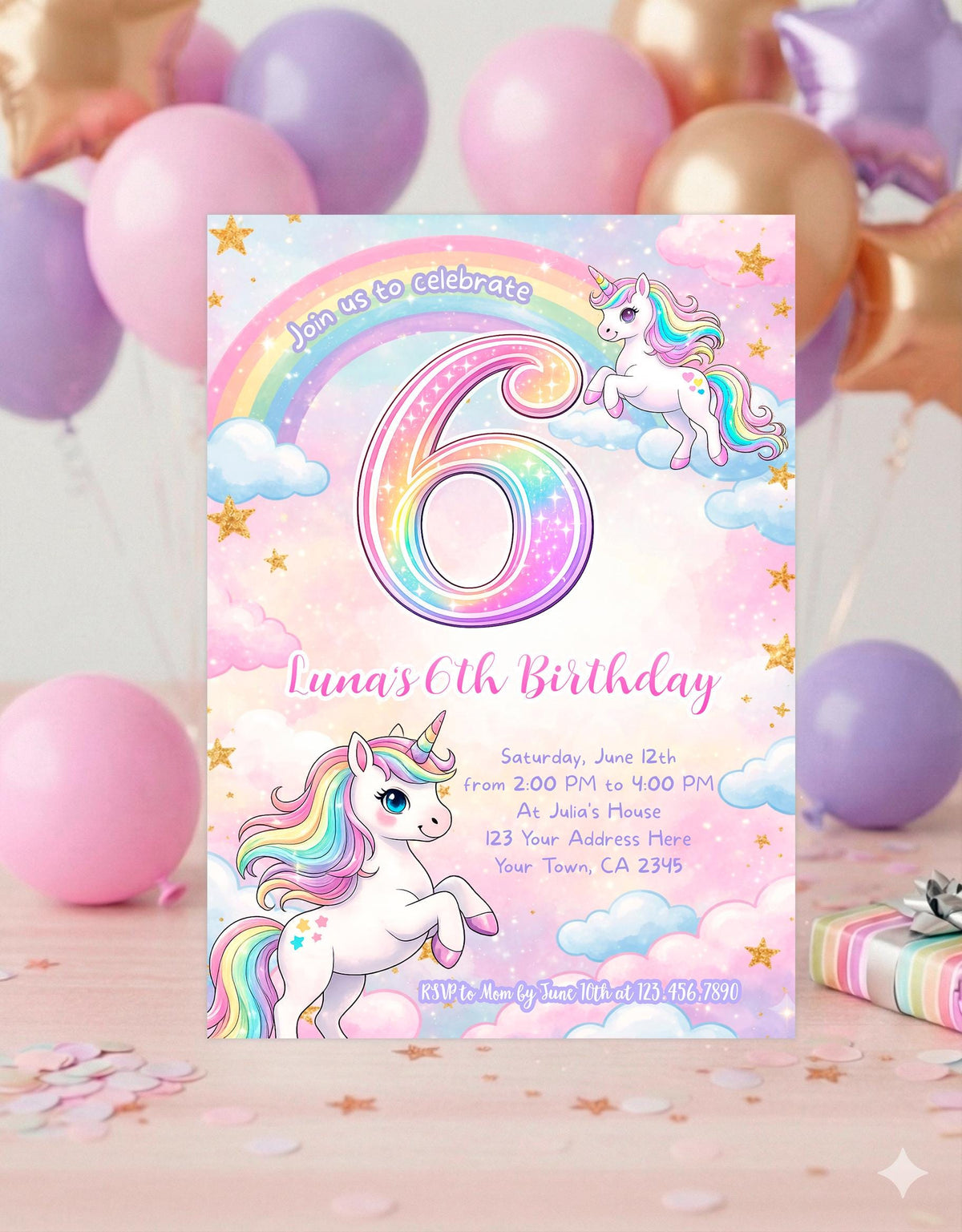 Unicorn 6th Birthday Party Invitation Editable Template, Instant Download