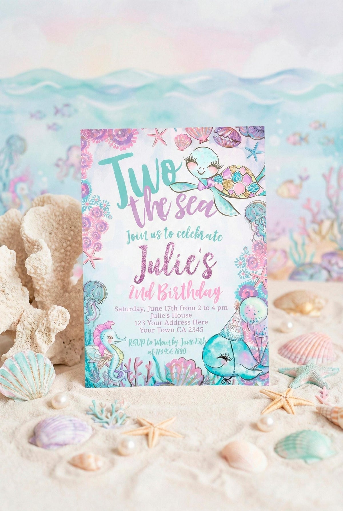 Under The Sea 2nd Birthday Invitation Editable Template, Two The Sea Turtle Party Invite, Instant Download