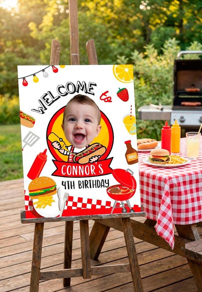 BBQ Birthday Party Welcome Sign with Photo Editable Template, Digital Printable Design, Instant Download