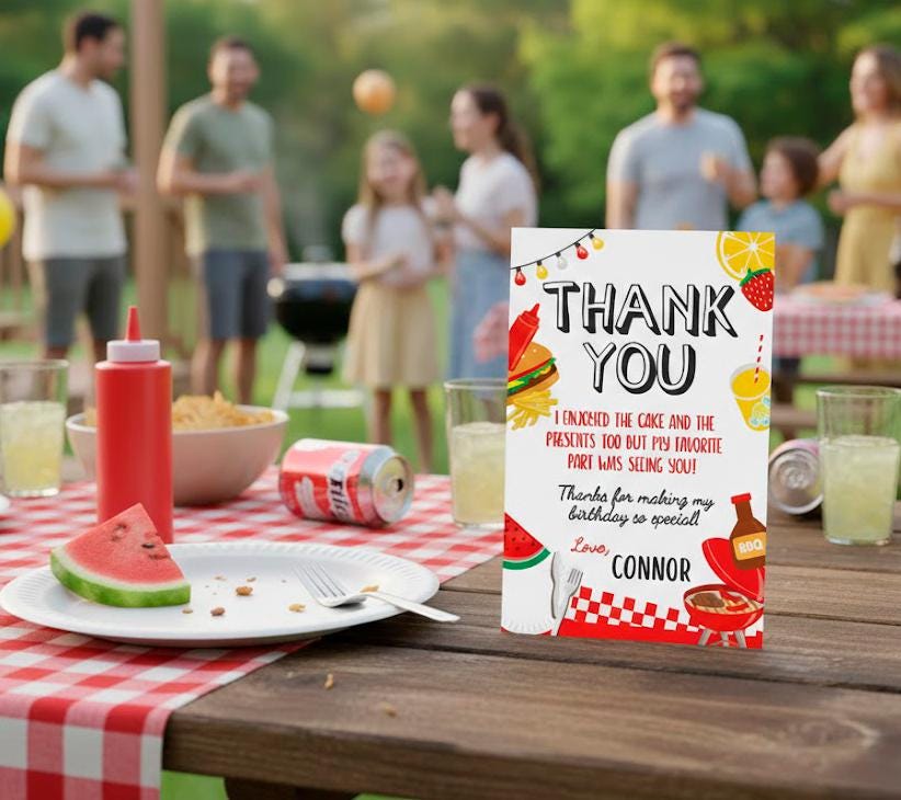 BBQ Birthday Thank You Card, Editable Printable (Instant Download 4x6in)