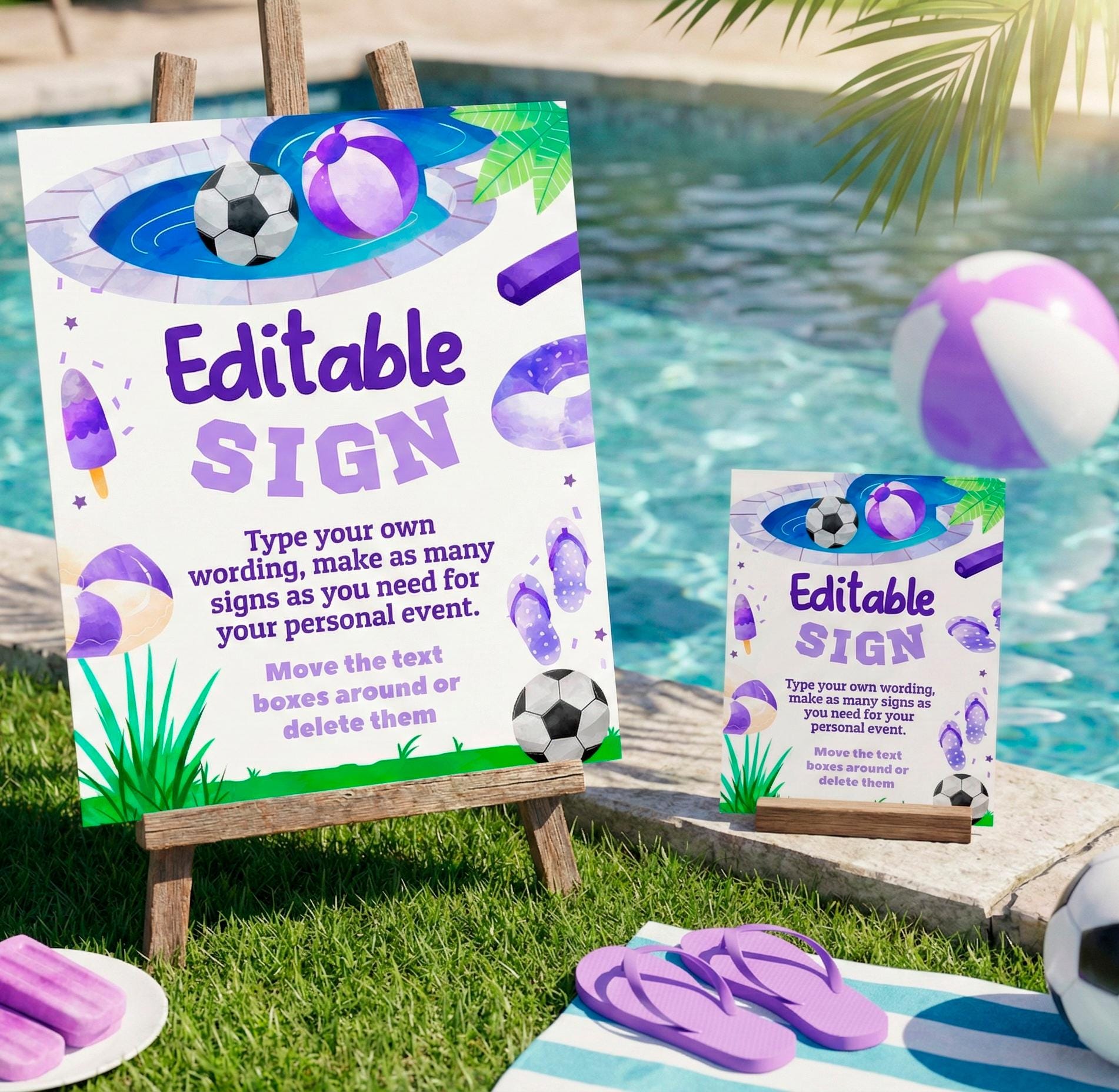 Soccer Pool Birthday Party Editable Sign Template, Instant Download