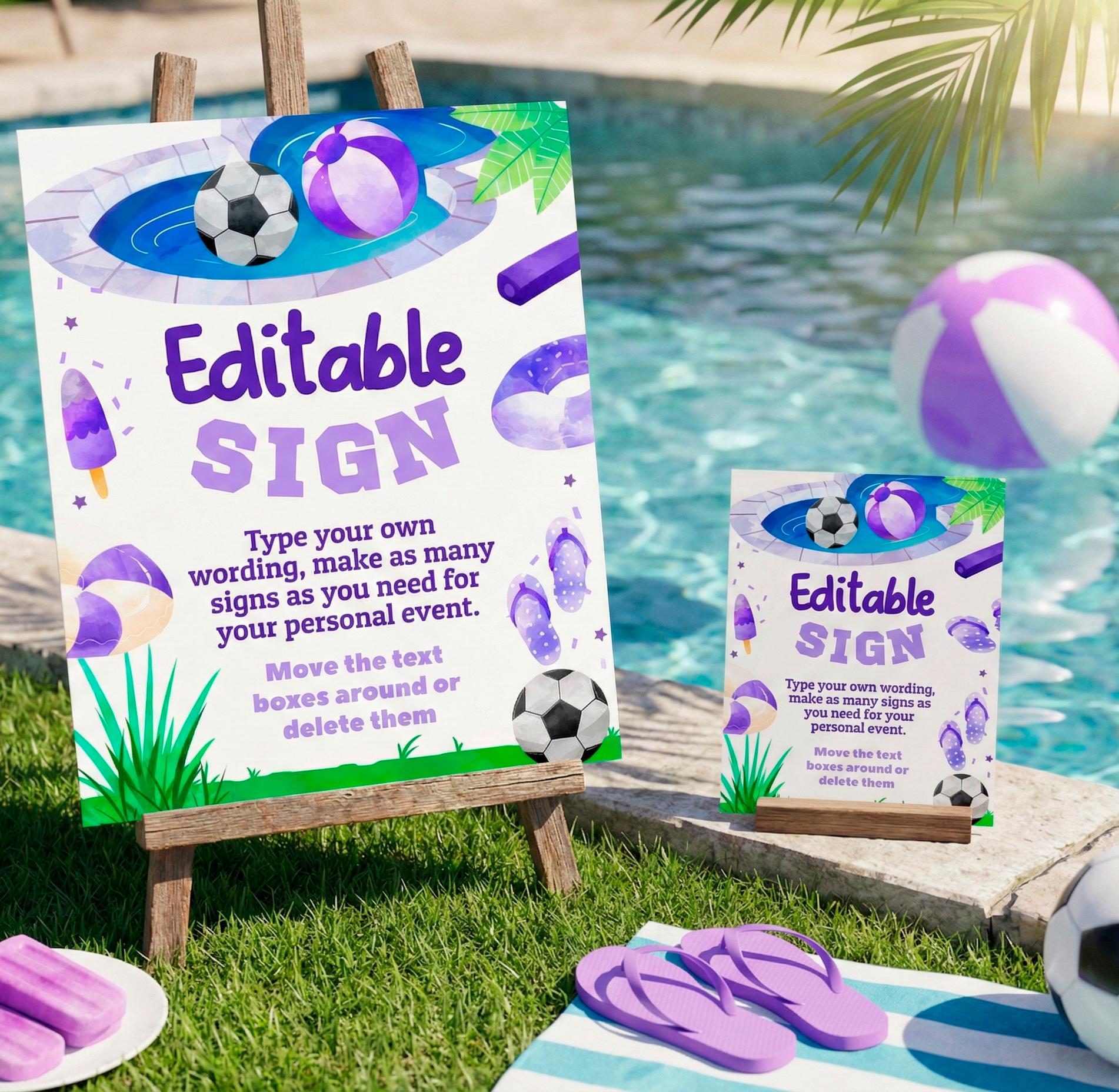 Soccer Pool Birthday Party Editable Sign Template, Instant Download