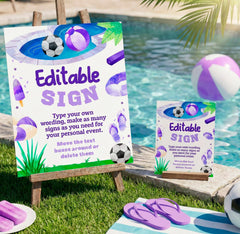 Soccer Pool Birthday Party Editable Sign Template, Instant Download