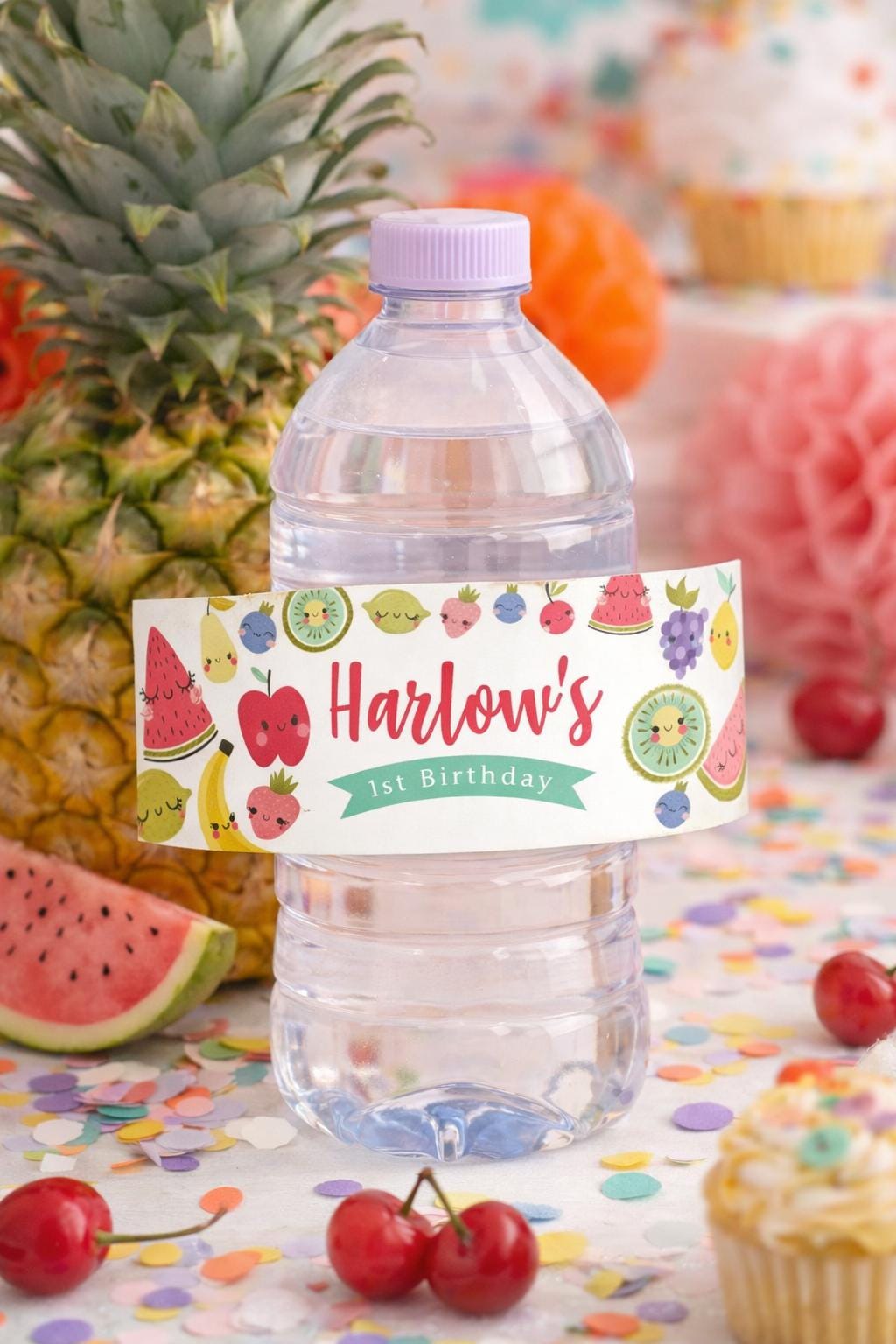 Tutti Frutti Water Bottle Label Editable Template, Fruit Birthday Party Decor (Instant Download)