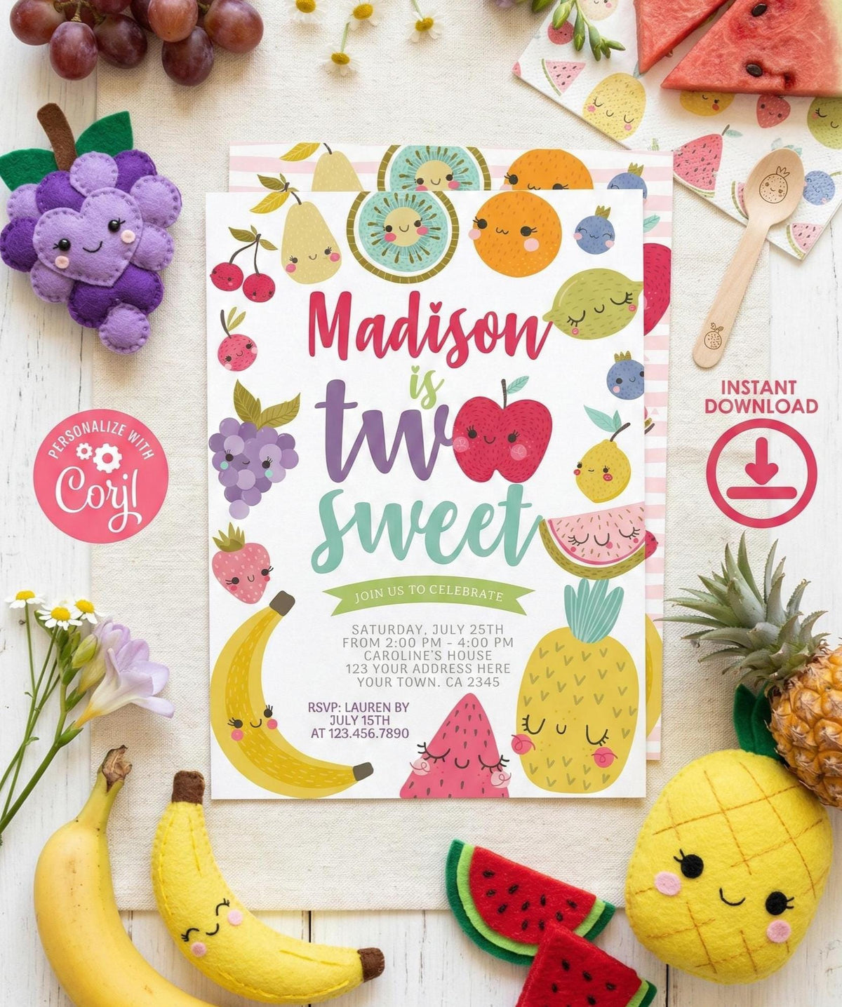 Tutti Frutti Birthday Invitation Editable Template for Any Age, Summer Party (Instant Download)