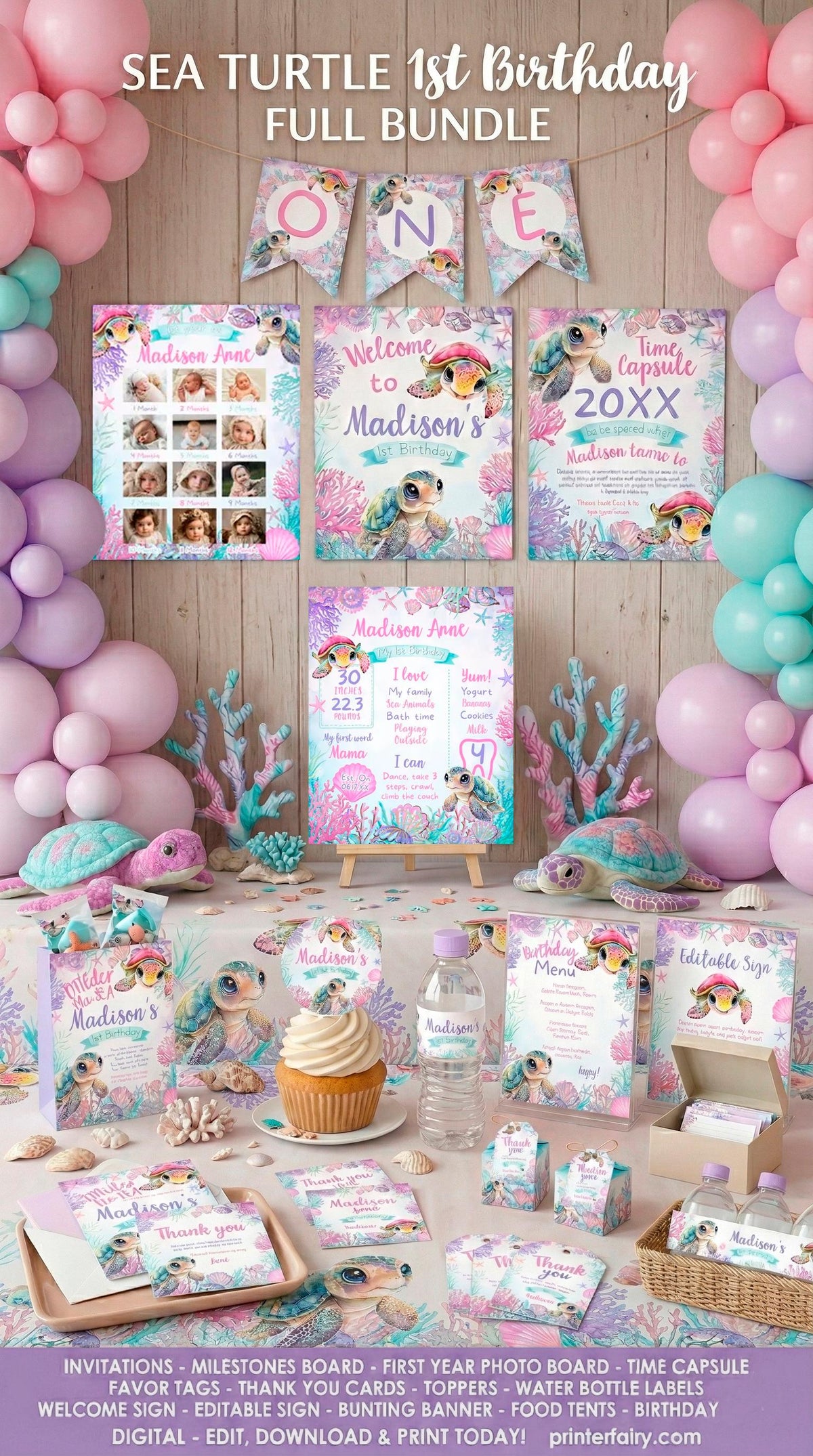 Sea Turtle 1st Birthday Party Bundle, Under the Sea Invite (Digital Download)