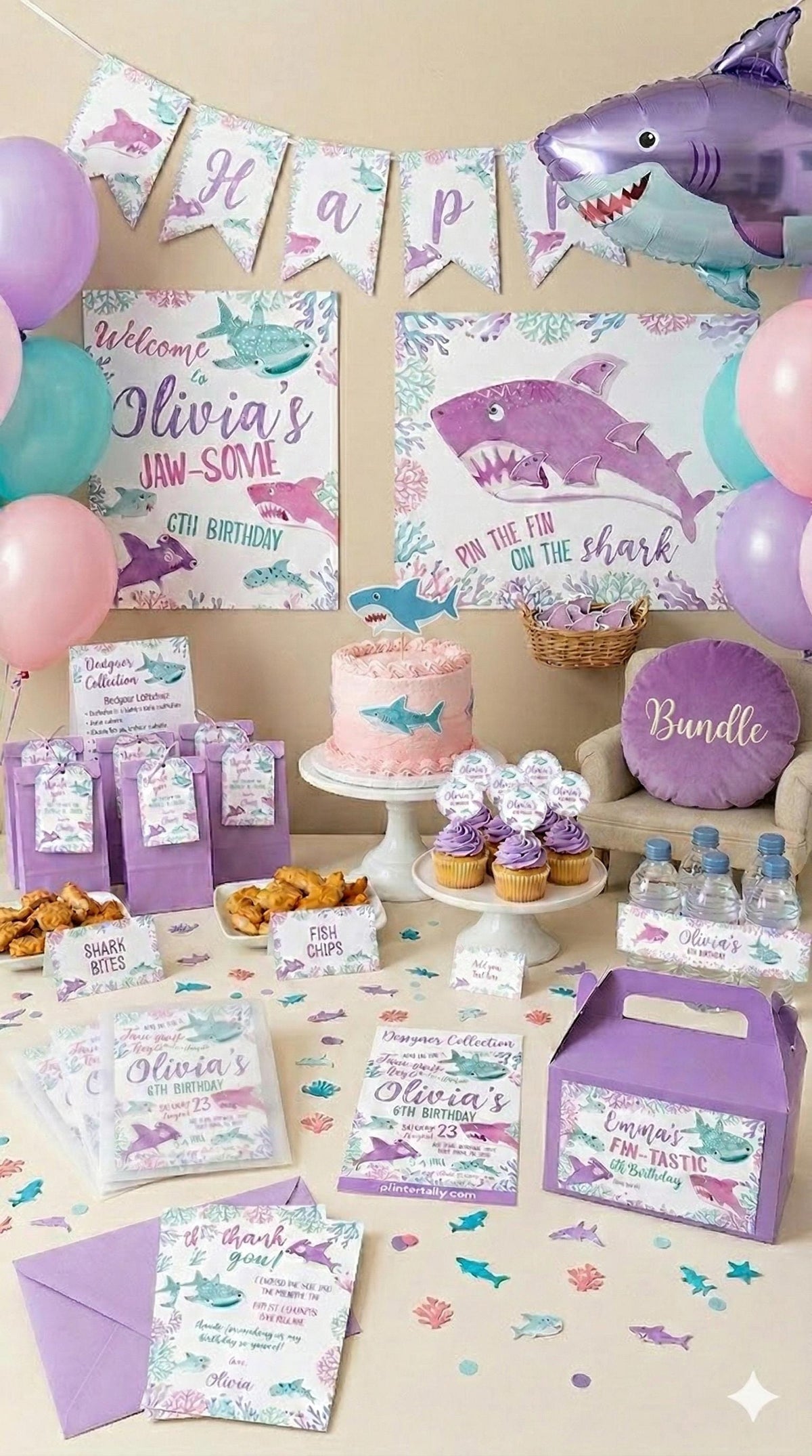 Shark Birthday Party Bundle: Editable Invitation, Banner, Sign (Digital Download)